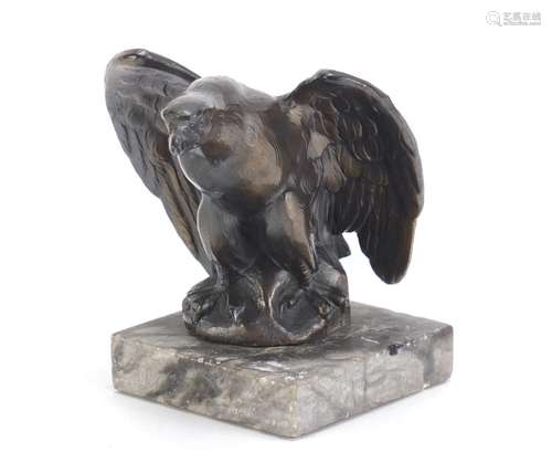 Art Deco bronzed eagle raised on a square marble base, 9.5cm high : For Condition Reports Please