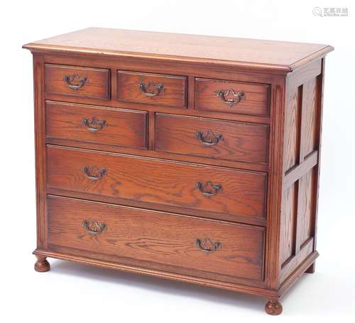 Oak seven drawer chest fitted with five short above two long drawers, 69cm H x 90cm W x 45cm D : For