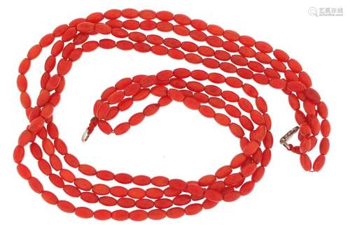 Four row coral necklace, 40cm in length, 58.0g : For Condition Reports Please Visit Our Website,