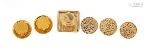 Six 9ct gold gentlemen's dress studs, three housed in a James Walker tooled leather box, 5.6g :