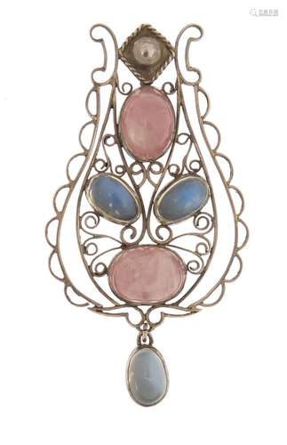 Unmarked silver moonstone and rose quartz pendant, 6.5cm in length, 10.6g : For Condition Reports