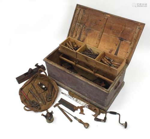 Victorian pine tool chest housing Victorian and later tools including planes, saws and chisels : For