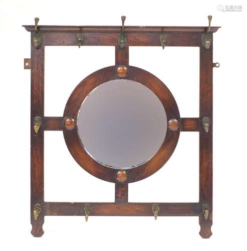 Arts & Crafts oak hall mirror with brass coat hooks, 71cm high x 66cm W : For Condition Reports