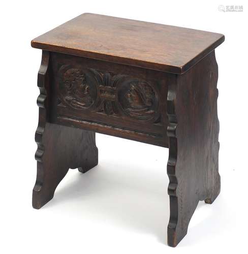 Carved oak sewing box, 53cm H x 47cm W x 30.5cm D : For Condition Reports Please Visit Our