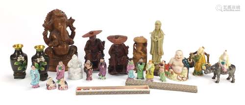 Chinese sundry items including a pair of cloisonne vases, porcelain figures and wood carvings