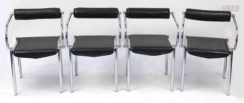 Set of four 1970's design chrome chairs with black faux leather upholstery, each 75cm high : For