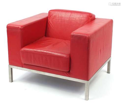 1970's design armchair with red leather upholstery, 64cm H x 88cm W x 75.5cm D : For Condition