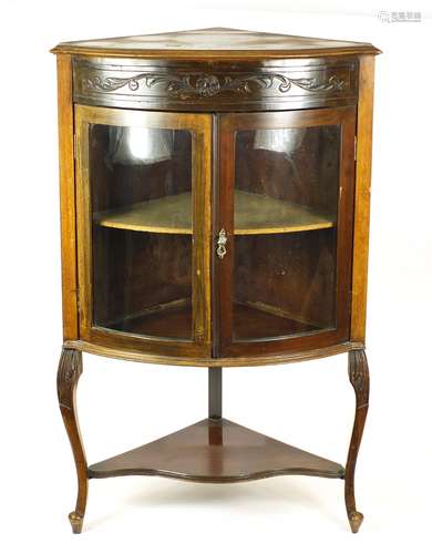 Victorian mahogany convex corner display cabinet, raised on cabriole legs, 110cm H x 68cm W x 51cm D