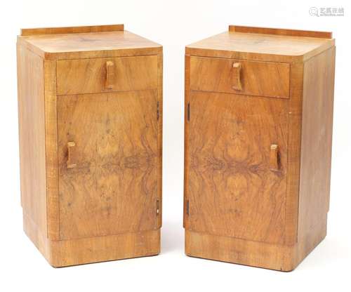 Pair of Art Deco walnut bedside cupboards, 68cm H x 36cm W x 36cm D : For Condition Reports Please