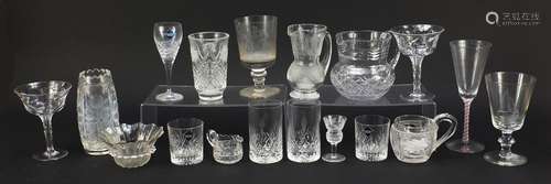 Antique and later glassware including a good pair of Tudor Champagne glasses with faceted stems,