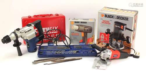 Tools including a Black and Decker heat gun, Black and Decker woodworker and a ferm rotary