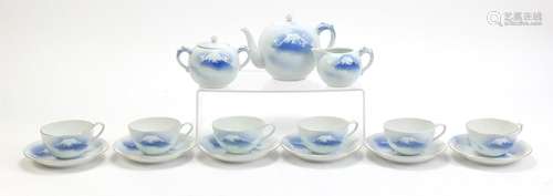 Japanese Fukagawa six place teaset hand painted with Mount Fuji, the teapot 18.5cm in length : For