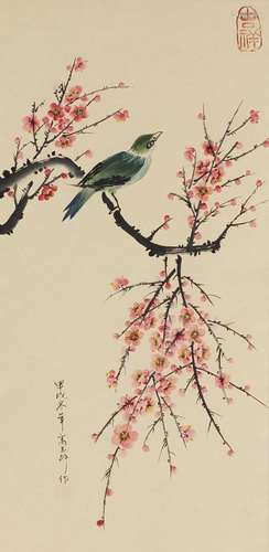 Chinese hand painted wall hanging scroll depicting a bird amongst cherry blossom, with calligraphy