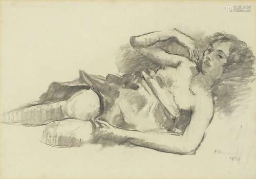 Reclining semi nude female, chalk, indistinctly signed, possibly A Hayward, mounted, framed and