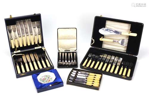 Silver plated cutlery arranged in cases including a set of six cake forks : For Condition Reports