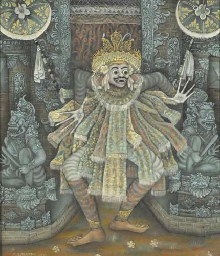 G Suparman - Dancing mythical figure, Balinese watercolour on silk, framed, 43cm x 37cm : For