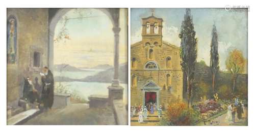 Emilio Papini - Figures outside a church and one other, pair of Maltese school watercolours, each