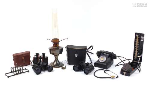 Sundry items including vintage black Bakelite telephone, three pairs of binoculars and an oil lamp :