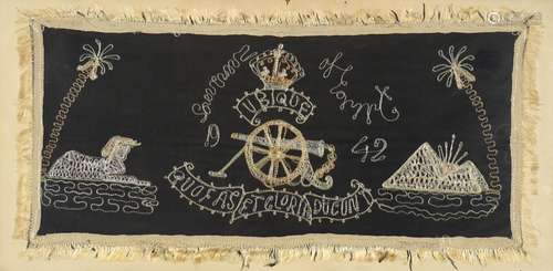 British Military embroidered panel depicting The Royal Artillery Ubique motif, framed, 66cm x 30cm :