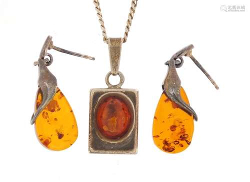 Silver and amber pendant on chain with matching earrings, the earrings 3cm in length, 8.0g : For