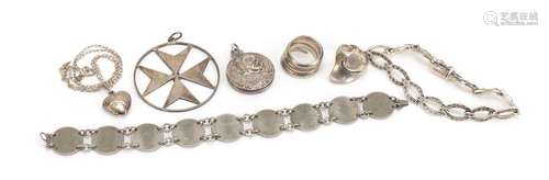 Silver jewellery including Art Nouveau style locket, bracelets and rings, 65.0g : For Condition