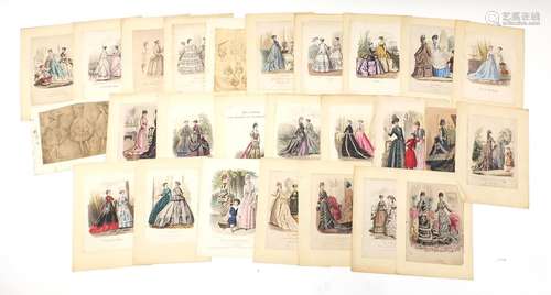 Collection of coloured fashion prints and some other prints, each unframed, each approximately