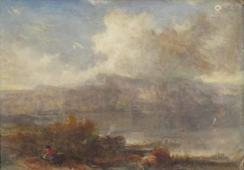 Misty landscape, 19th century oil on board, bearing an inscription W D Kennedy verso, framed, 32cm x