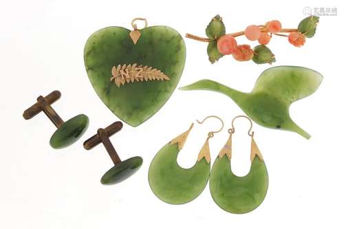 Spinach green jade jewellery including floral brooch, pair of earrings and a pair of cufflinks,