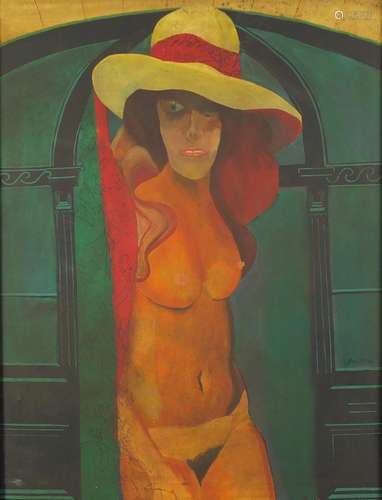 Manner of Dod Proctor - Standing nude female, oil on canvas, framed, 91cm x 69cm : For Condition