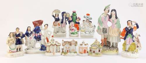 Staffordshire pottery including pastille burners and spill vase, the largest 34.5cm high : For