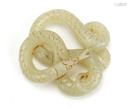 Chinese pale green jade carving of a serpent, 5.5cm wide : For Condition Reports Please Visit Our