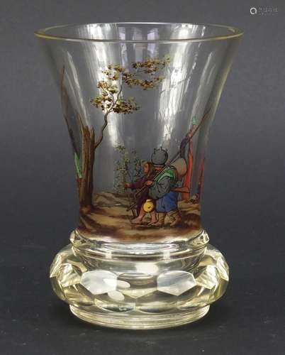 19th century Austrian glass beaker hand painted with figures in a forest, 14cm high : For