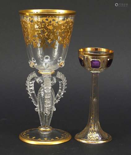 Art Nouveau amethyst flashed gilded liqueur glass and Venetian glass goblet with winged twisted stem