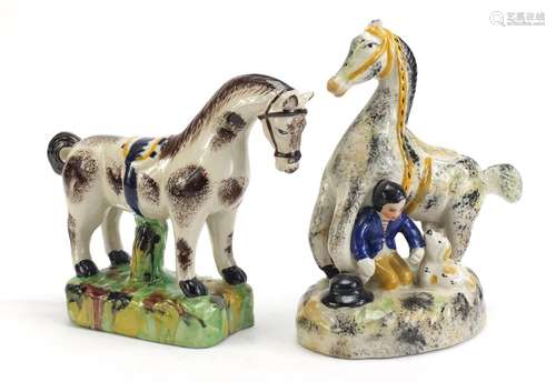 Two spongeware style horses, the largest 19cm high : For Condition Reports Please Visit Our Website,