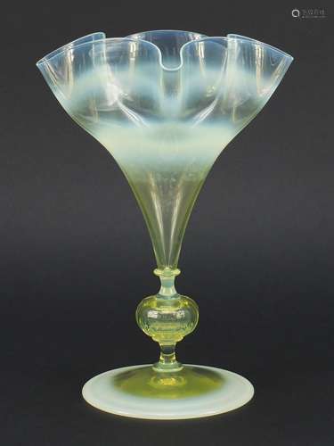 Whitefriars Venetian inspired straw opal glass vase with knopped stem and thrown rim, probably