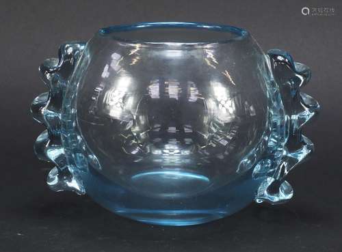 Powell spherical glass vase with applied ribbed lug handles, 12.5cm high : For Condition Reports