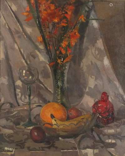 Manner Philip Naviasky - Still life fruit and vessels, oil on board, framed, 54cm x 43.5cm : For