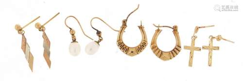 Four pairs of 9ct gold earrings, the largest 2.3cm in length, 3.2g : For Condition Reports Please