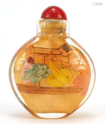 Chinese glass snuff bottle decorated with erotic scene, 6cm high : For Condition Reports Please