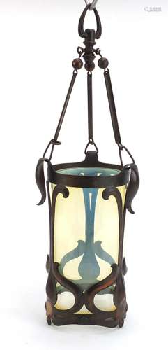 Art Nouveau copper lantern with vaseline glass shade in the manner of John Person, overall 46.5cm