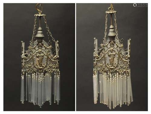 Pair of ornate bronzed light fittings with glass shades and funnel drops, each 52cm high : For