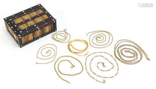 Porcupine quill box and a group of gold coloured metal necklaces, the box 12.5cm wide : For