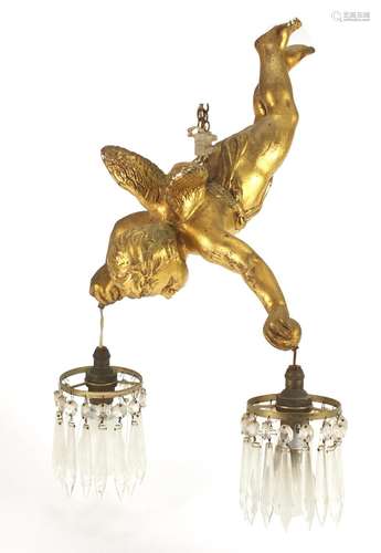 Gilt cherub chandelier with cut glass drops, 31cm in length : For Condition Reports Please Visit Our