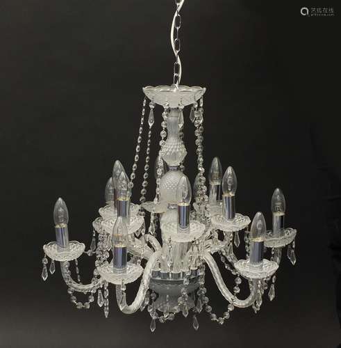 Twelve branch glass chandelier with drops, 54cm high : For Condition Reports Please Visit Our