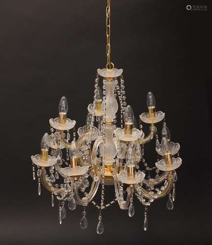 Twelve branch glass chandelier with drops, 52cm high : For Condition Reports Please Visit Our