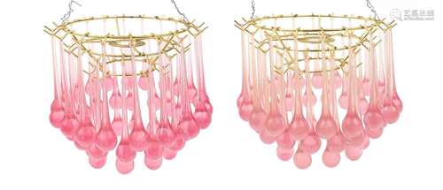 Pair of retro brass three tier chandeliers with pink drops, each 20cm high x 26cm in diameter :