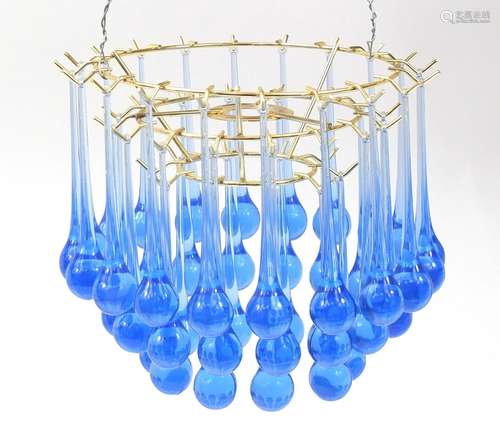 Retro brass three tier chandelier with blue drops, 20cm high x 26cm in diameter : For Condition