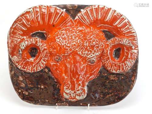 Rare David Sharp Rye pottery rams head wall plaque, 32cm wide : For Condition Reports Please Visit