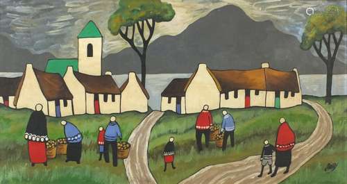 Manner of Markey Robinson - Figures before cottages and water, Irish school oil on canvas, framed,