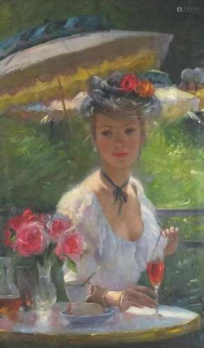 Manner of Yuri Krotov - Female under a parasol, Russian school oil on board, framed, 73.5cm x 45cm :